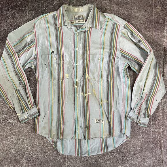 Mens Vintage 70s Levi's USA Powder Blue Striped Distressed Long Sleeve Polo Sz L - Picture 1 of 5